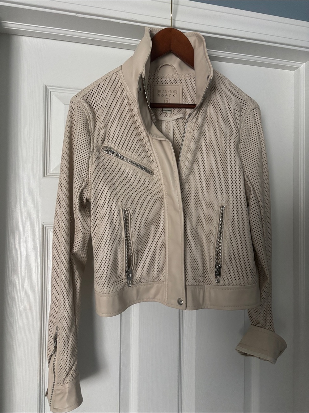 Blank NYC Perforated Faux Leather Moto Jacket in Light Beige